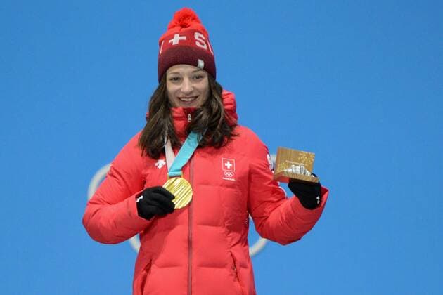 February 17, 2018 - Pyeongchang, South Korea - SARAH HOEFFLIN of Switzerland celebrates getting the gold medal in the Ladies Slopestyle freestyle skiing event in the PyeongChang Olympic Games Olympische Spiele Olympia OS Pyeongchang 18: Medal Winners - ZUMAl132 20180217_zap_l132_069 Copyright: xChristopherxLevyx
