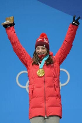 February 17, 2018 - Pyeongchang, South Korea - SARAH HOEFFLIN of Switzerland celebrates getting the gold medal in the Ladies Slopestyle freestyle skiing event in the PyeongChang Olympic Games Olympische Spiele Olympia OS Pyeongchang 18: Medal Winners - ZUMAl132 20180217_zap_l132_070 Copyright: xChristopherxLevyx