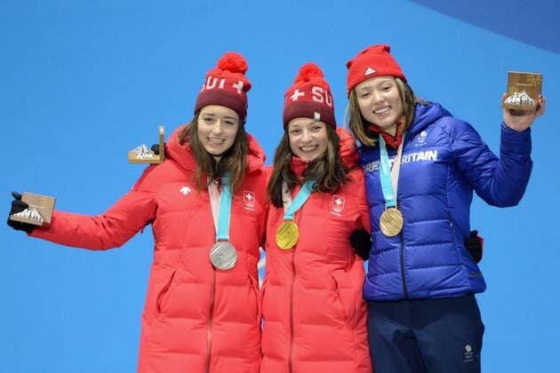 February 17, 2018 - Pyeongchang, South Korea - MATHILDE GREMAUD of Switzerland (left) , SARAH HOEFFLIN of Switzerland (center) and ISABEL ATKIN of Great Britain with their medals from the Ladies Slopestyle freestyle skiing event in the PyeongChang Olympic Games Olympische Spiele Olympia OS Pyeongchang 18: Medal Winners - ZUMAl132 20180217_zap_l132_073 Copyright: xChristopherxLevyx