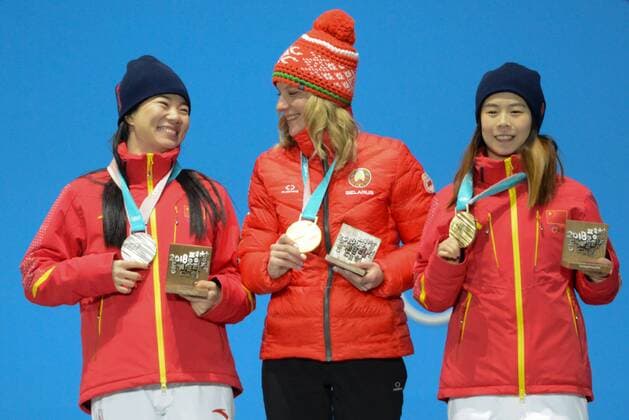 February 17, 2018 - Pyeongchang, South Korea - ZHANG XIN of China (left) , HANNA HUSKOVA of Belarus (center) and FANYU KONG of China with their medals from the Ladies Arials freestyle skiing event in the PyeongChang Olympic Games Olympische Spiele Olympia OS Pyeongchang 18: Medal Winners - ZUMAl132 20180217_zap_l132_082 Copyright: xChristopherxLevyx