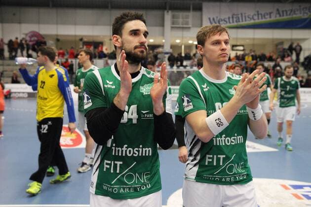 Enttaeuschung bei v.l. Benjamin Herth (DJK Rimpar Woelfe 64), Julian Sauer (DJK Rimpar Woelfe 68), ASV Hamm-Westfalen vs DJK Rimpar Woelfe, Handball, 2. Bundesliga, 17.02.2018, Hamm Copyright: xEIBNER JanxStrohdiekx EP_JSK