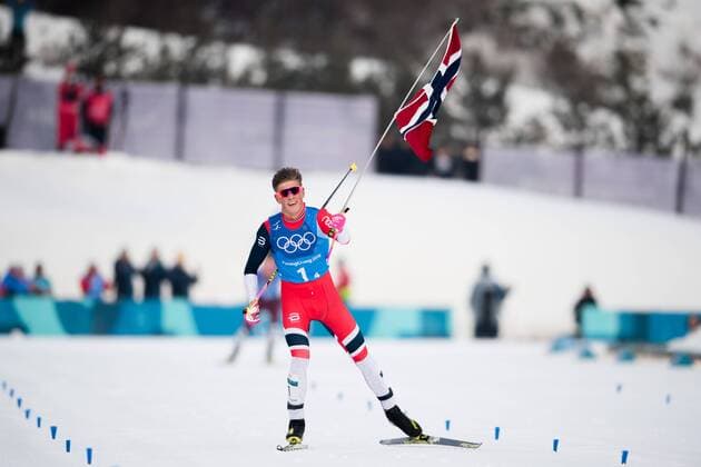 180218 Johannes Hosflot Klaebo of Norway, Gold, celebrating after competing in the Men s Cross Country Skiing 4x10 km Relay during day nine of the 2018 Winter Olympics on February 18, 2018 in Pyeongchang. Photo: Carl Sandin BILDBYRAN kod CS 57999_304 *** 180218 John Hosflot Klaebo of Norway Gold celebrating after competing in the Men s Cross Country Skiing 4x10km Relay during day nine of the 2018 Winter Olympics on February 18 2018 in Pyeongchang Photo Carl Sandin BILDBYRAN code CS 57999 304  Copyright: CARLxSANDIN BB180218CS038