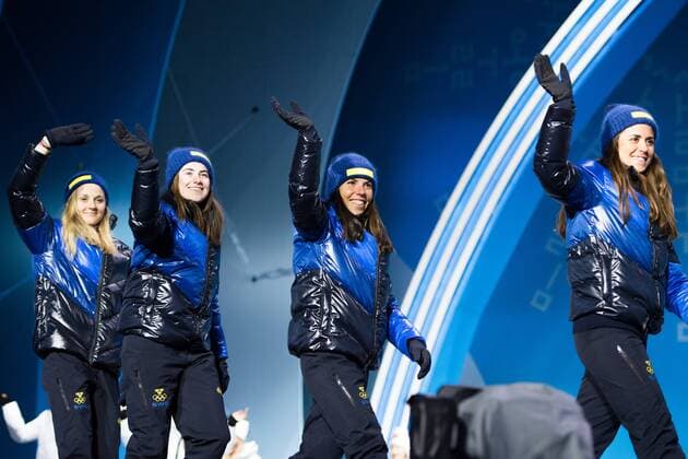 PyeongChang 2018 - Langlauf, 4x5km Staffel Damen Siegerehrung 180218 Stina Nilsson, Ebba Andersson, Charlotte Kalla and Anna Haag of Sweden, Silver, celebrating at a Medal Ceremony for Ladies 4x5 5 km relay during day nine of the 2018 Winter Olympics on February 18, 2018 in Pyeongchang. Photo: Petter Arvidson BILDBYRAN kod PA 91980 Copyright: PETTERxARVIDSON BB180218PA116