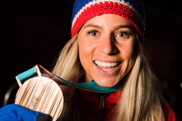 180218 Marte Olsbu of Norway , Bronze, celebrating with her Bronze medal at a Medal Ceremony for Women s 12.5km Mass Start during day nine of the 2018 Winter Olympics on February 18, 2018 in Pyeongchang. Photo: Petter Arvidson BILDBYRAN kod PA 91980 Copyright: PETTERxARVIDSON BB180218PA145