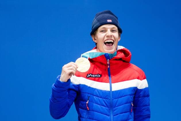 PyeongChang 2018 - Ski Freestyle, Slopestyle Herren Siegerehrung 180218 oystein Braten of Norway, Gold, celebrating with his gold medal at the Medal Ceremony for Men s Ski Slopestyle during day nine of the 2018 Winter Olympics on February 18, 2018 in Pyeongchang. Photo: Petter Arvidson BILDBYRAN kod PA 91980 Copyright: PETTERxARVIDSON BB180218PA155