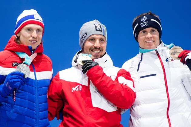 PyeongChang 2018 - Ski Alpin, Riesenslalom Herren Siegerehrung 180218 Henrik Kristoffersen of Norway, Silver, and Marcel Hirscher of Austria, Gold, and Alexis Pinturault of France at a Medal Ceremony for Men s Giant Slalom during day nine of the 2018 Winter Olympics on February 18, 2018 in Pyeongchang. Photo: Petter Arvidson BILDBYRAN kod PA 91980 Copyright: PETTERxARVIDSON BB180218PA164