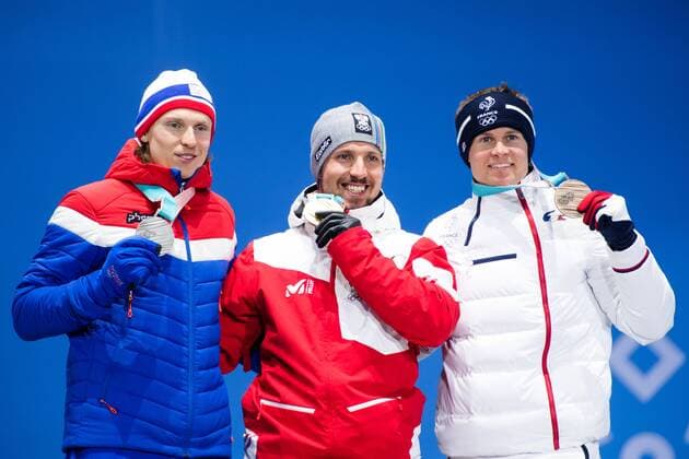 PyeongChang 2018 - Ski Alpin, Riesenslalom Herren Siegerehrung 180218 Henrik Kristoffersen of Norway, Silver, and Marcel Hirscher of Austria, Gold, and Alexis Pinturault of France at a Medal Ceremony for Men s Giant Slalom during day nine of the 2018 Winter Olympics on February 18, 2018 in Pyeongchang. Photo: Petter Arvidson BILDBYRAN kod PA 91980 Copyright: PETTERxARVIDSON BB180218PA165