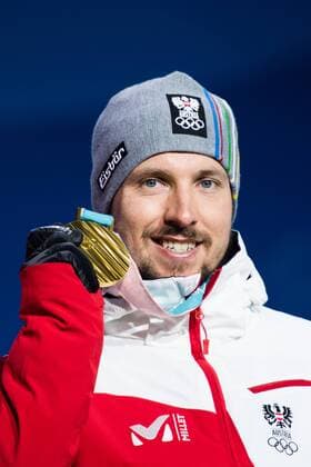 PyeongChang 2018 - Ski Alpin, Riesenslalom Herren Siegerehrung 180218 Henrik Kristoffersen of Norway, Silver, and Marcel Hirscher of Austria, Gold, and Alexis Pinturault of France at a Medal Ceremony for Men s Giant Slalom during day nine of the 2018 Winter Olympics on February 18, 2018 in Pyeongchang. Photo: Petter Arvidson BILDBYRAN kod PA 91980 Copyright: PETTERxARVIDSON BB180218PA169