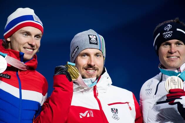 PyeongChang 2018 - Ski Alpin, Riesenslalom Herren Siegerehrung 180218 Henrik Kristoffersen of Norway, Silver, and Marcel Hirscher of Austria, Gold, and Alexis Pinturault of France at a Medal Ceremony for Men s Giant Slalom during day nine of the 2018 Winter Olympics on February 18, 2018 in Pyeongchang. Photo: Petter Arvidson BILDBYRAN kod PA 91980 Copyright: PETTERxARVIDSON BB180218PA170