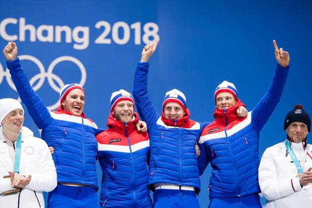 PyeongChang 2018 - Langlauf, 4x10km Staffel Herren Siegerehrung 180218 Didrik Tonseth, Martin Johnsrud Sundby, Simen Hegstad Krüger and Johannes Hosflot Klaebo of Norway, Gold, celebrating at a Medal Ceremony for Men s 4x10 km Relay during day nine of the 2018 Winter Olympics on February 18, 2018 in Pyeongchang. Photo: Petter Arvidson BILDBYRAN kod PA 91980 Copyright: PETTERxARVIDSON BB180218PA171