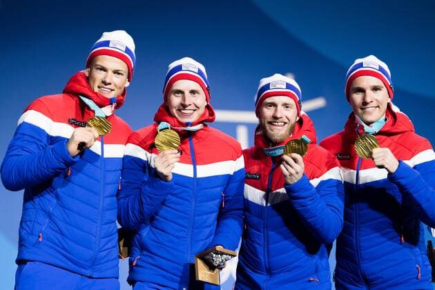 PyeongChang 2018 - Langlauf, 4x10km Staffel Herren Siegerehrung 180218 Didrik Tonseth, Martin Johnsrud Sundby, Simen Hegstad Krüger and Johannes Hosflot Klaebo of Norway, Gold, celebrating at a Medal Ceremony for Men s 4x10 km Relay during day nine of the 2018 Winter Olympics on February 18, 2018 in Pyeongchang. Photo: Petter Arvidson BILDBYRAN kod PA 91980 Copyright: PETTERxARVIDSON BB180218PA174