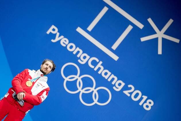 PyeongChang 2018 - Ski Alpin, Riesenslalom Herren Siegerehrung OLYMPICS - 2018 Winter Olympics PYEONGCHANG,SOUTH KOREA,18.FEB.18 - OLYMPICS, ALPINE SKIING - Olympic Winter games Winterspiele Spiele Summer games PyeongChang 2018, giant slalom, men. Image shows Marcel Hirscher (AUT). GEPAxpictures xMaticxKlansek