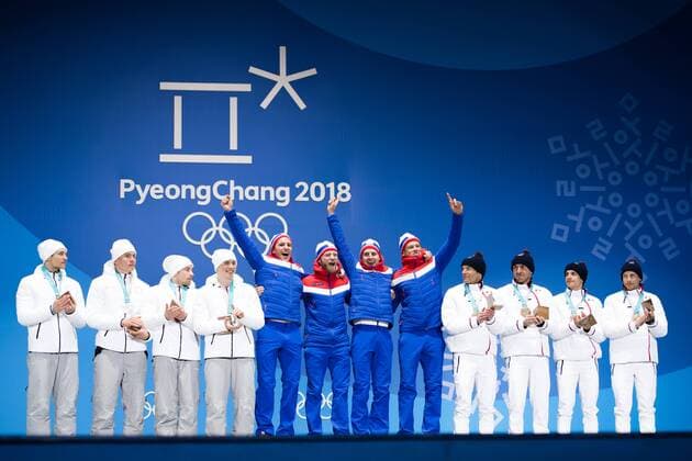 PyeongChang 2018 - Langlauf, 4x10km Staffel Herren Siegerehrung 180218 Team Russia (OAR), Silver, Team Norway, Gold, and Team France, Bronze, celebrating at a Medal Ceremony for Men s 4x10 km Relay during day nine of the 2018 Winter Olympics on February 18, 2018 in Pyeongchang. Photo: Petter Arvidson BILDBYRAN kod PA 91980 Copyright: PETTERxARVIDSON BB180218PA176