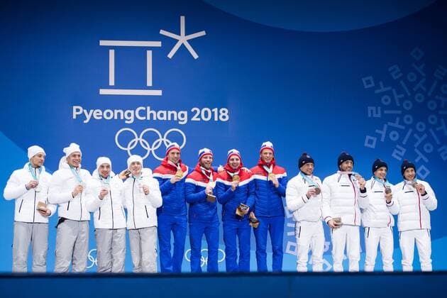 PyeongChang 2018 - Langlauf, 4x10km Staffel Herren Siegerehrung 180218 Team Russia (OAR), Silver, Team Norway, Gold, and Team France, Bronze, celebrating at a Medal Ceremony for Men s 4x10 km Relay during day nine of the 2018 Winter Olympics on February 18, 2018 in Pyeongchang. Photo: Petter Arvidson BILDBYRAN kod PA 91980 Copyright: PETTERxARVIDSON BB180218PA177