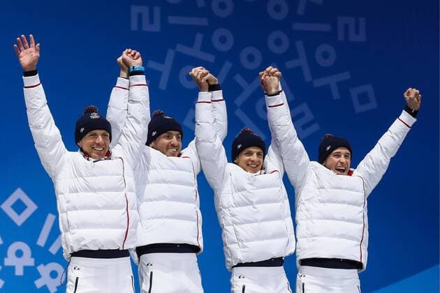 PyeongChang 2018 - Langlauf, 4x10km Staffel Herren Siegerehrung PYEONGCHANG, SOUTH KOREA - FEBRUARY 18, 2018: Bronze medalists Jean Marc Gaillard, Maurice Manificat, Clement Parisse, and Adrien Backscheider (L-R) of France pose at a victory ceremony for the men s cross-country skiing 4x10km relay race at the 2018 Winter Olympic Games Olympische Spiele Olympia OS at the Alpensia Cross-Country Skiing Centre. Valery Sharifulin TASS  TS074801