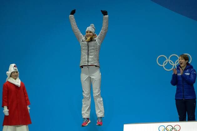 February 18, 2018 - Pyeongchang, South Korea - JACQUELINE LOELLING of Germany celebrates getting the silver medal in the Women s Skeleton event in the PyeongChang Olympic Games Olympische Spiele Olympia OS Pyeongchang 18: Medal Winners - ZUMAl132 20180218_zap_l132_032 Copyright: xChristopherxLevyx