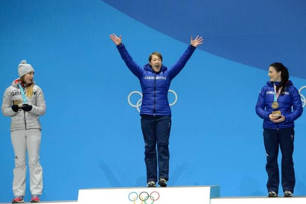 February 18, 2018 - Pyeongchang, South Korea - LIZZY YARNOLD of Great Britain celebrates getting the gold medal in the Women s Skeleton event in the PyeongChang Olympic Games Olympische Spiele Olympia OS Pyeongchang 18: Medal Winners - ZUMAl132 20180218_zap_l132_036 Copyright: xChristopherxLevyx