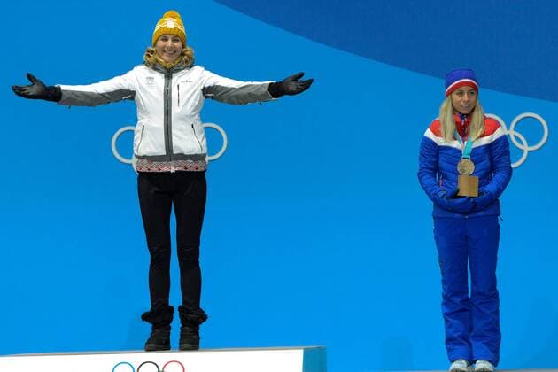 February 18, 2018 - Pyeongchang, South Korea - ANASTASIYA KUZMINA of Slovakia celebrates getting the gold medal in the Women s 12.5km Mass Start Biathlon event in the PyeongChang Olympic Games Olympische Spiele Olympia OS Pyeongchang 18: Medal Winners - ZUMAl132 20180218_zap_l132_082 Copyright: xChristopherxLevyx