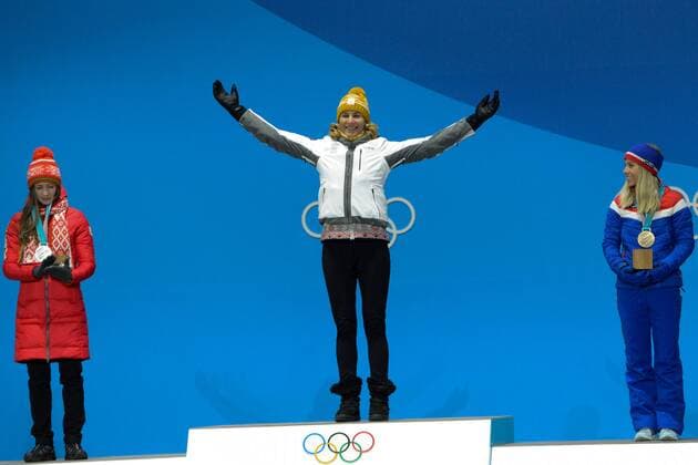 February 18, 2018 - Pyeongchang, South Korea - ANASTASIYA KUZMINA of Slovakia celebrates getting the gold medal in the Women s 12.5km Mass Start Biathlon event in the PyeongChang Olympic Games Olympische Spiele Olympia OS Pyeongchang 18: Medal Winners - ZUMAl132 20180218_zap_l132_085 Copyright: xChristopherxLevyx