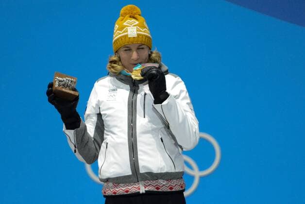 February 18, 2018 - Pyeongchang, South Korea - ANASTASIYA KUZMINA of Slovakia celebrates getting the gold medal in the Women s 12.5km Mass Start Biathlon event in the PyeongChang Olympic Games Olympische Spiele Olympia OS Pyeongchang 18: Medal Winners - ZUMAl132 20180218_zap_l132_087 Copyright: xChristopherxLevyx