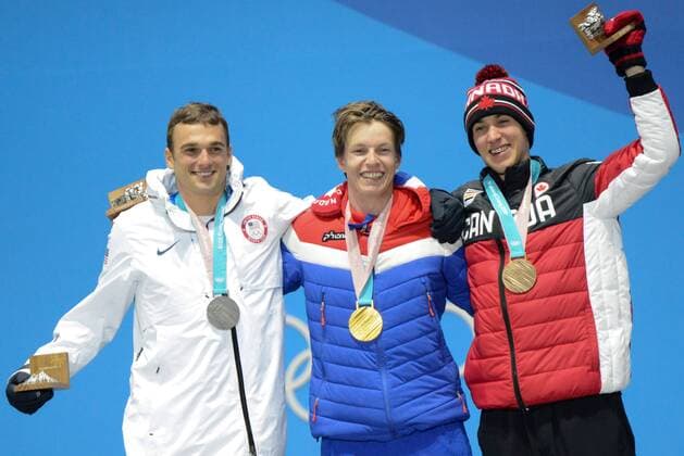 February 18, 2018 - Pyeongchang, South Korea - NICK GOEPPER of the United States (left) , OYSTEIN BRAATEN of Norway (center) and ALEX BEAULIEU-MARCHAND of Canada with their medals from the Men s Slopestyle freestyle skiing event in the PyeongChang Olympic Games Olympische Spiele Olympia OS Pyeongchang 18: Medal Winners - ZUMAl132 20180218_zap_l132_126 Copyright: xChristopherxLevyx