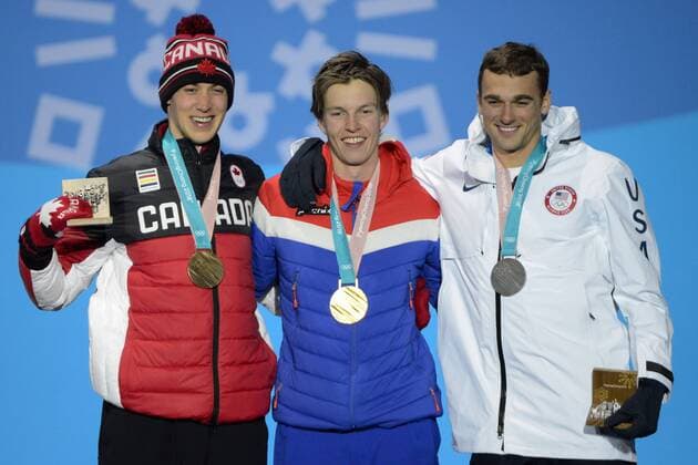Olympia-Bilder des Tages - SPORT February 18, 2018 - Pyeongchang, South Korea - NICK GOEPPER of the United States (left) , OYSTEIN BRAATEN of Norway (center) and ALEX BEAULIEU-MARCHAND of Canada with their medals from the Men s Slopestyle freestyle skiing event in the PyeongChang Olympic Games Olympische Spiele Olympia OS Pyeongchang 18: Medal Winners - ZUMAl132 20180218_zap_l132_128 Copyright: xChristopherxLevyx