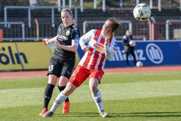 v.li. Marith Prießen Priessen (FFC Frankfurt, 13), Kristina Hild (1. FC Köln, 27), Zweikampf, Duell, duel, tackle, Aktion, Action, Fussball, Allianz Frauen-Bundesliga, 1. FC Köln - 1. FFC Frankfurt,