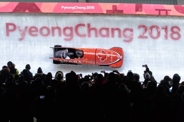 19.02.2018, Olympic Sliding Centre, Pyeongchang, KOR, PyeongChang 2018, Bob, Zweisitzer, Herren, im Bild Justin Kripps, Alexander Kopacz (CAN) Justin Kripps Alexander Kopacz of Canada during the mens doubles Bobsleigh of the Pyeongchang 2018 Winter Olympic Games Olympische Spiele Olympia OS at the Olympic Sliding Centre in Pyeongchang, South Korea on 2018 02 19. Pyeongchang