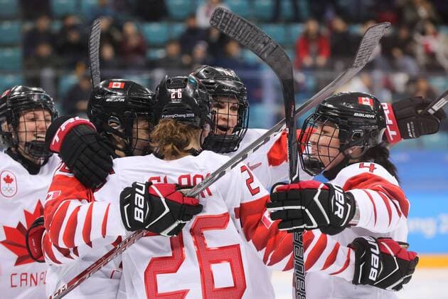 GANGNEUNG, SOUTH KOREA - FEBRUARY 19, 2018: Canadian players celebrate winning a women s semifinal Ice hockey Eishockey match against Olympic Athletes from Russia as part of the 2018 Winter Olympic Games Olympische Spiele Olympia OS at the Gangneung Hockey Centre with a 5-0 score. Sergei Bobylev TASS  TS074B60
