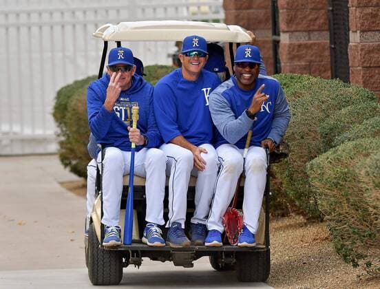 February 19, 2018 - Surprise, AZ, USA - Kansas City Royals staff, from left, Rusty Kuntz Mike Sweeney and Reggie Sanders ride on the back of a golf cart at the end of Monday s spring training workout on Feb. 19, 2018 in Surprise, Ariz. Spring training - ZUMAm67_ 20180219_zaf_m67_041 Copyright: xJohnxSleezerx