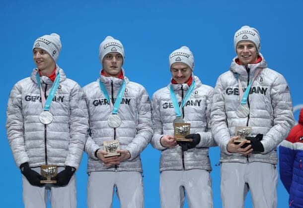 (180220) -- PYEONGCHANG, Feb. 20, 2018 -- Second-placed team Germany pose for photos during medal ceremony of men s team event of Ski jumping Skispringen Ski nordisch at 2018 PyeongChang Winter Olympic Games Olympische Spiele Olympia OS at Medal Plaza, PyeongChang, South Korea, Feb. 20, 2018. ) (SP)OLY-SOUTH KOREA-PYEONGCHANG-SKI JUMPING-MEN S TEAM-MEDAL CEREMONY WuxZhuang 