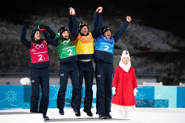 Olympia-Bilder des Tages - SPORT 180220 Lisa Vittozzi, Dorothea Wierer, Lukas Hofer and Dominik Windisch of Italy, Bronze, celebrates on the podium after the Biathlon Mixed Relay during day eleven of the 2018 Winter Olympics on February 20, 2018 in Pyeongchang. Photo: Carl Sandin BILDBYRN kod CS 57999_309 *** 180220 Lisa Vittozzi Dorothea Tirolerland Lukas Hofer and Dominik Windisch of Italy Bronze celebrates on the podium after the Biathlon Mixed Relay during day eleven of the 2018 Winter Olympics on February 20 2018 in Pyeongchang Photo Carl S BILDBYR N code CS 57999 309  Copyright: CARLxSANDIN BB180220CS116