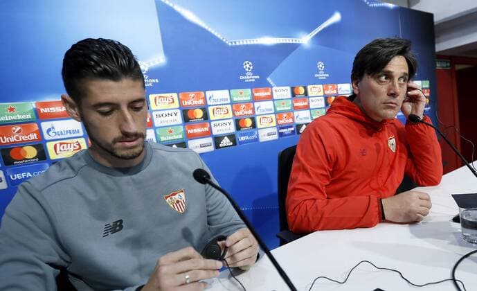 Sevilla s head coach Vicenzo Montella (R) and Sevilla s defender Escudero (L) offer a press conference PK Pressekonferenz in Sevilla, southern Spain, 20 February 2018. Sevilla will face Manchester United ManU on a Champions League soccer match on 21 February 2018. Sevilla s press conference !ACHTUNG: NUR REDAKTIONELLE NUTZUNG!  Copyright: xJosexManuelxVidalx GRAF5686 20180220-636547362050062882