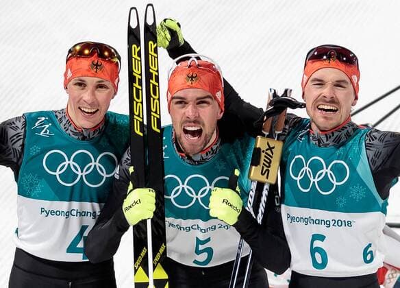 20.02.2018, Alpensia Cross-Country Skiing Centre, Pyeongchang, KOR, PyeongChang 2018, Nordische Kombination, Langlauf, im Bild v.l. Johannes Rydzek (GER, 1. Platz), Fabian Riessle (GER, 2. Platz), Eric Frenzel (GER, 3. Platz) f.l. gold medalist and Olympic champion Johannes Rydzek of Germany silver medalist Fabian Riessle of Germany bronce medalist Eric Frenzel of Germany during Nordic Combined, Cross Country of the Pyeongchang 2018 Winter Olympic Games Olympische Spiele Olympia OS at the Alpensia Cross-Country Skiing Centre in Pyeongchang, South Korea on 2018 02 20. Pictures Â© 2018, PhotoCredit: Johann Groder Pyeongchang *** 20 02 2018 Alpensia KOR cross country skiing centre PyeongChang PyeongChang 2018 Nordic combined cross-country skiing in the image of v l Johannes Rydzek GER 1 place Fabian Riessle GER 2 place Eric Frenzel GER 3 place f l gold medalist and Olympic champion Johannes Rydzek of Germany silver medalist Fabian Riessle of Germany bronce medalist Eric Frenzel of Germany during Nordic combined cross country of the PyeongChang 2018 Winter Olympic Games at the Alpensia cross country skiing centre in PyeongChang of South Korea on 2018 02 20 pictures Â © 2018 PhotoCredit Johann Groder PyeongChang  EP_gro  