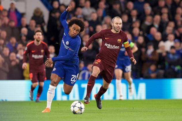 Chelsea v FC Barcelona Barca UEFA Champions League Willian of Chelsea and Andres Iniesta of Barcelona during the UEFA Champions League match at Stamford Bridge, London Content Not Available For UK Newspapers Copyright: xAlanxStanfordx FIL-11389-0015