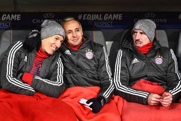 20.02.2018, xjhx, Fussball Champions League, FC Bayern Muenchen - Besiktas Istanbul, emspor, v.l. Arjen Robben (FCB - FC Bayern Muenchen), Rafinha (FCB - FC Bayern Muenchen), Franck Ribery (FCB - FC Bayern Muenchen) Muenchen