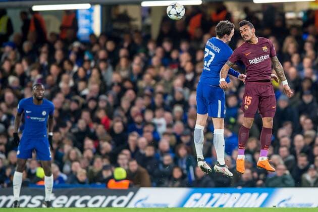 Andreas Christensen of Chelsea and Paulinho of Barcelona during the UEFA Champions League Round of 16 match between Chelsea and Barcelona at Stamford Bridge, London, England on 20 February 2018. Copyright: xSalvioxCalabresex 19030009