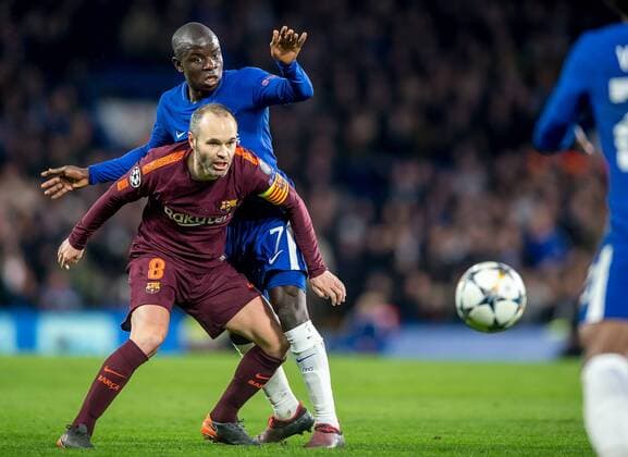 Andres Iniesta of Barcelona and Ngolo Kante of Chelsea during the UEFA Champions League Round of 16 match between Chelsea and Barcelona at Stamford Bridge, London, England on 20 February 2018. Copyright: xSalvioxCalabresex 19030014