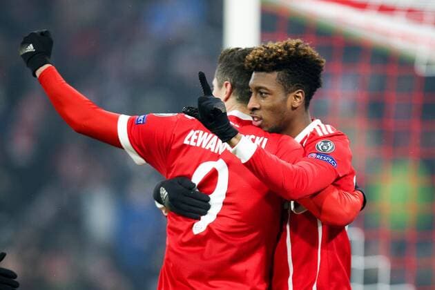 l-r: Torjubel von Robert Lewandowski 9 (FC Bayern Muenchen) und Kingsley Coman 29 (FC Bayern Muenchen) zum 2:0, FC Bayern Muenchen vs. Besiktas Istanbul, Fussball, Achtelfinale, Champions League, 20.02.2018 Muenchen Bayern Deutschland