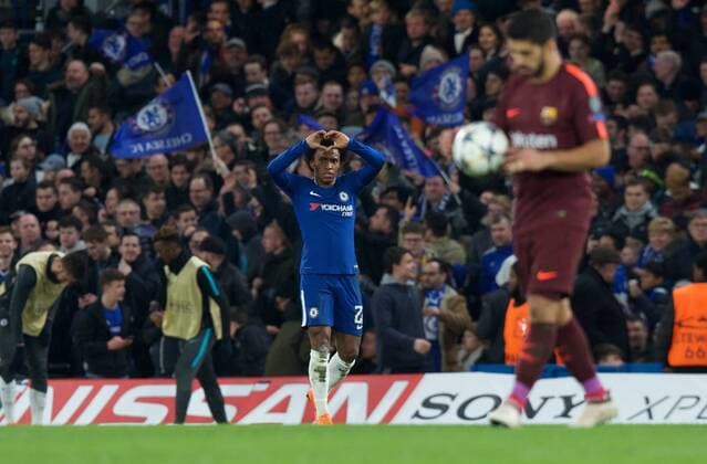 Chelsea v FC Barcelona Barca UEFA Champions League Willian of Chelsea celebrates after scoring the opening goal during the UEFA Champions League match at Stamford Bridge, London Content Not Available For UK Newspapers Copyright: xAlanxStanfordx FIL-11389-0036