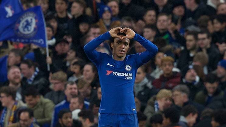 Chelsea v FC Barcelona Barca UEFA Champions League Willian of Chelsea celebrates after scoring the opening goal during the UEFA Champions League match at Stamford Bridge, London Content Not Available For UK Newspapers Copyright: xAlanxStanfordx FIL-11389-0038
