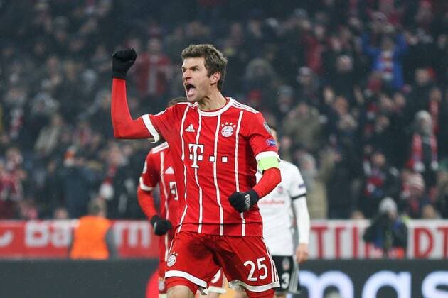 Torjubel von Thomas Mueller 25 (FC Bayern Muenchen) zum 3:0, FC Bayern Muenchen vs. Besiktas Istanbul, Fussball, Achtelfinale, Champions League, 20.02.2018 Muenchen Bayern Deutschland