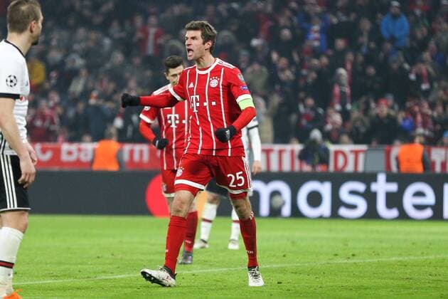 Torjubel von Thomas Mueller 25 (FC Bayern Muenchen) zum 3:0, FC Bayern Muenchen vs. Besiktas Istanbul, Fussball, Achtelfinale, Champions League, 20.02.2018 Muenchen Bayern Deutschland