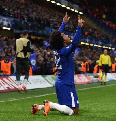 Chelsea v FC Barcelona Barca UEFA Champions League Willian of Chelsea celebrates after scoring during the UEFA Champions League match at Stamford Bridge, London Content Not Available For UK Newspapers Copyright: xSimonxDaelx FIL-11388-0037