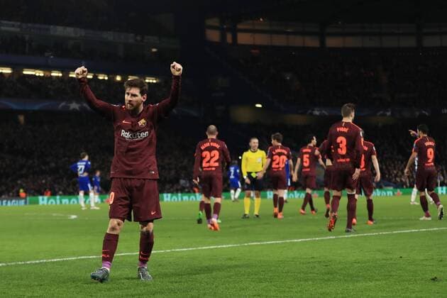 20th February 2018, Stamford Bridge, London, England; UEFA Champions League football, round of 16, 1st leg, Chelsea versus FC Barcelona Barca Lionel Messi of Barcelona celebrates after scoring as he makes it 1-1  ActionPlus11990650