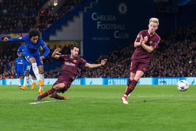 London, England 20.02.2018, UEFA Champions League - 2017 18 Season, Round of 16, First leg, Chelsea FC - FC Barcelona Barca Tor zum 1:0, Torschuetze Willian (FCC) ( DeFodi507