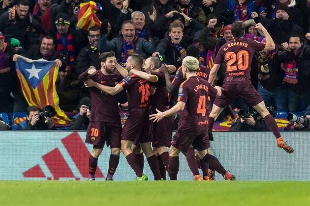 Bilder des Tages - SPORT London, England 20.02.2018, UEFA Champions League - 2017 18 Season, Round of 16, First leg, Chelsea FC - FC Barcelona Barca jubel, Torjubel um Lionel Messi (FCB) nach dem treffer zum 1:1 ( DeFodi507