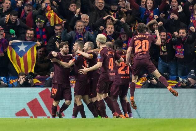 London, England 20.02.2018, UEFA Champions League - 2017 18 Season, Round of 16, First leg, Chelsea FC - FC Barcelona Barca jubel, Torjubel um Lionel Messi (FCB) nach dem treffer zum 1:1 ( DeFodi507