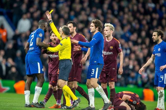 Antonio Rudiger of Chelsea receives a yellow card by Match referee Cuneyt Cakir (TUR) during the UEFA Champions League Round of 16 match between Chelsea and Barcelona at Stamford Bridge, London, England on 20 February 2018. Copyright: xSalvioxCalabresex 19030067