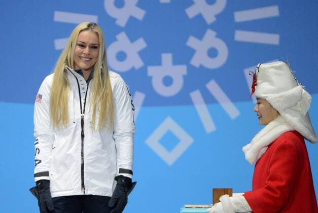 February 21, 2018 - Pyeongchang, South Korea - LINDSEY VONN of the United States celebrates getting the bronze medal from the Ladies Downhill ski racing event in the PyeongChang Olympic Games Olympische Spiele Olympia OS Pyeongchang 18: Medal Winners - ZUMAl132 20180221_zap_l132_017 Copyright: xChristopherxLevyx